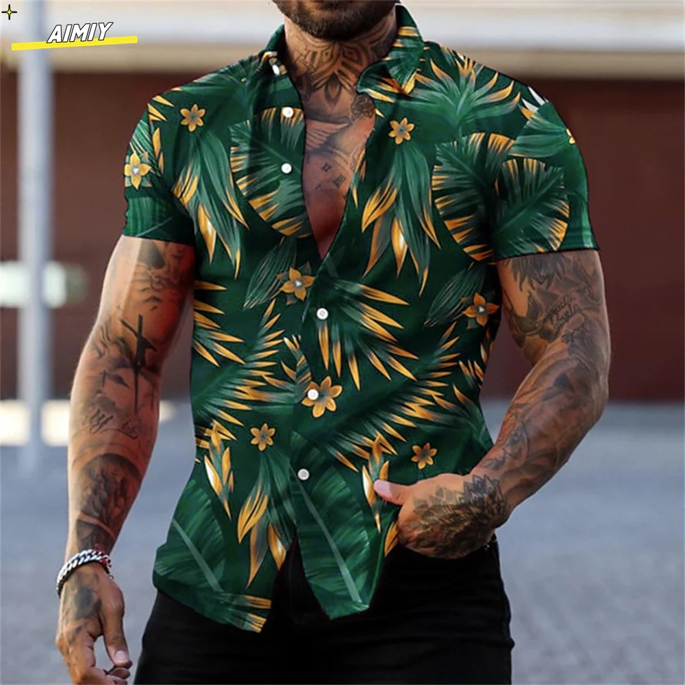 Men's Black and Gold Flower Shirts Summer Plant Print Lapel Shirt Hawaiian Style Beach Shirt Men's Short Sleeved Button up Shirt