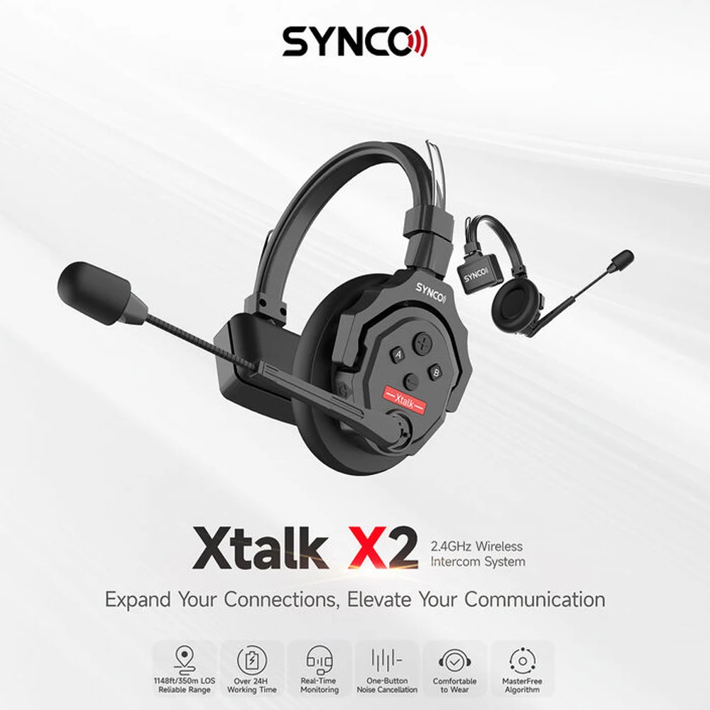 SYNCO Xtalk X2 2.4GHz Wireless Intercom System with 2 Single-Ear Headsets Selectable Master for Communication Flexibility