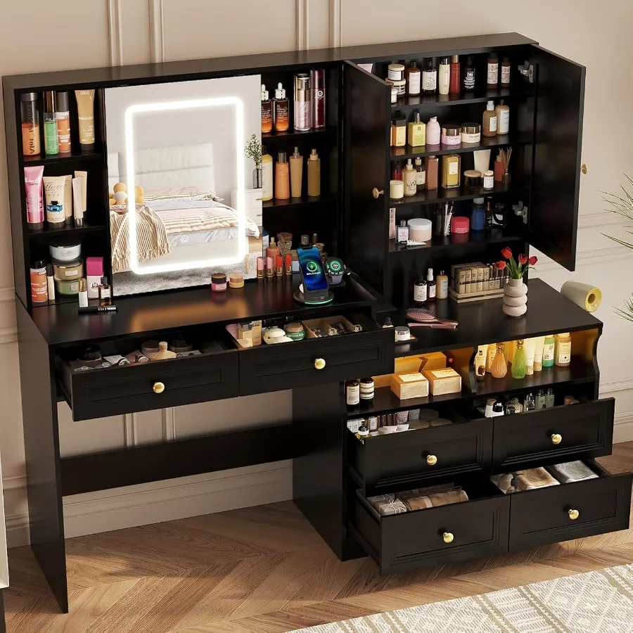 Large Black Vanity Desk with Sliding Mirror Lights Big 58.6 Makeup Vanity Table Nightstand Combo with Power Outlet and 6 Drawer