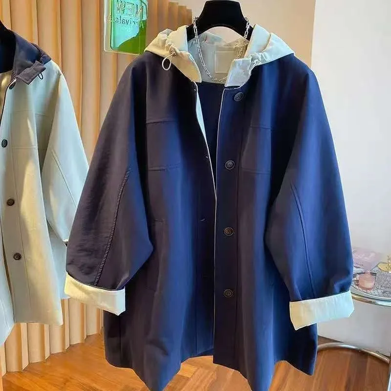 Contrasting Color Hooded Trench Coat Women's Medium And Long Korean Loose Lazy Style Versatile Casual Small Commuter Coat Navy