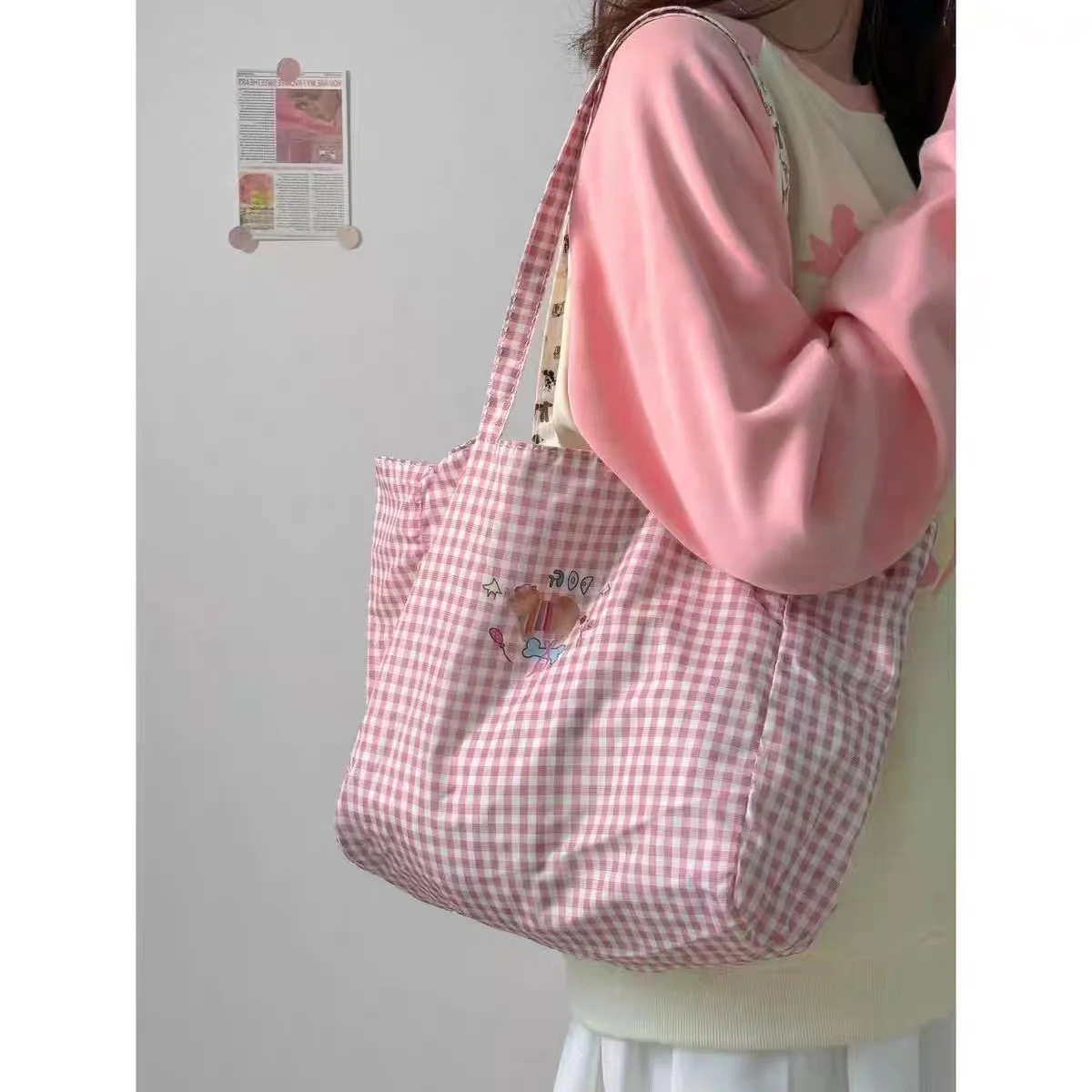 

2024 Cute Pink Plaid Canvas Bag Women Large Capacity Double-sided Handbag Classic Casual Girls Street Commute Shoulder Bags