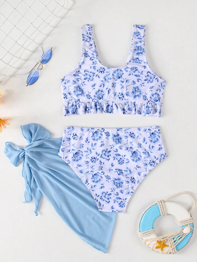 Bikini Girls Kids Swimsuit 2026 New Blue Print Sling Ruffle Children Swimwear Summer Mesh Three Piece Beach Wear Bathing Suits