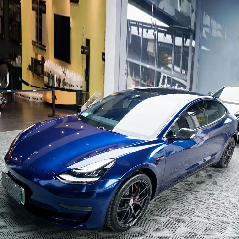 

PET Backing Carbon Fiber Weave Glossy Metallic Vinyl Protective Plastic Film For Cars Gentian Blue