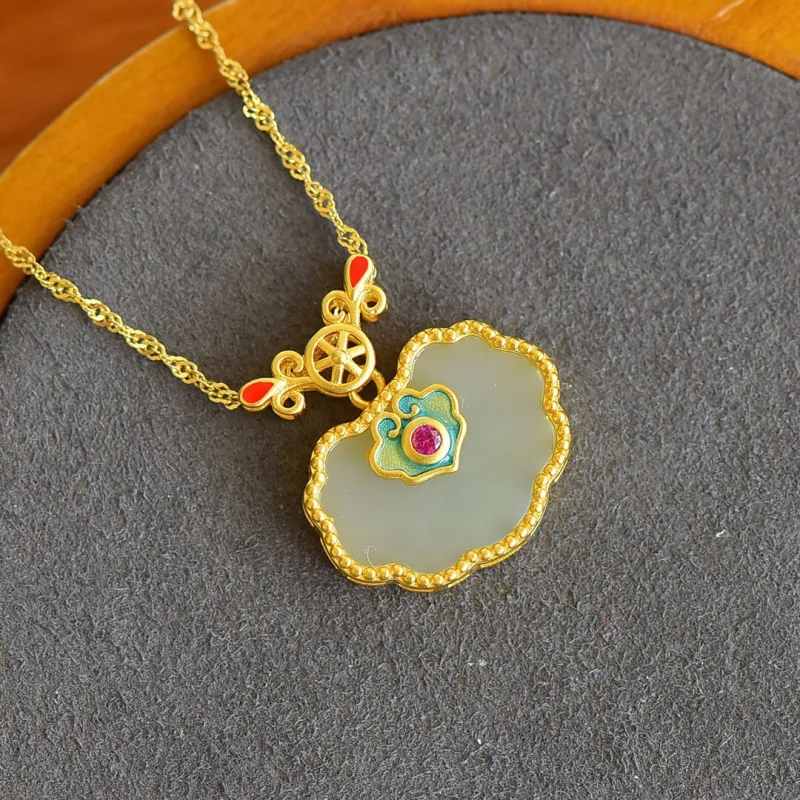 الطبيعية Hetian الأبيض اليشم شقة Ruyi قفل قلادة S925 الفضة Linyang قلادة #2