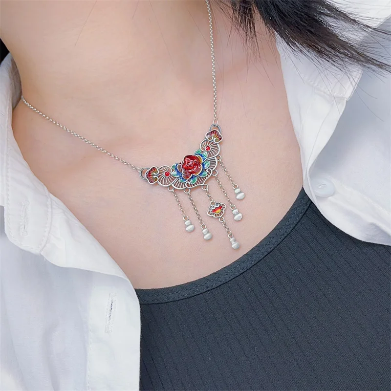 

Sterling Silver Necklace Pendant S925 For Woman Female Girl Retro Style Enamel Original Manual Popular Fashion Boutique Jewelry