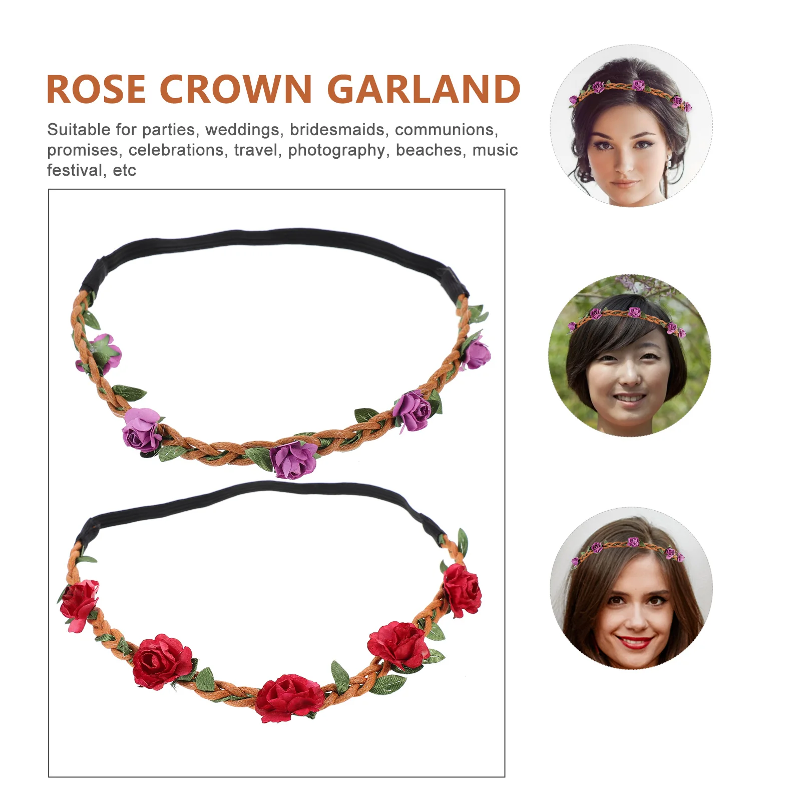 

4pcs Rose Flower Crown Garland Hair Band Floral Headpiece Women Party Wedding Festival Beachwear Floral Hair Accessories