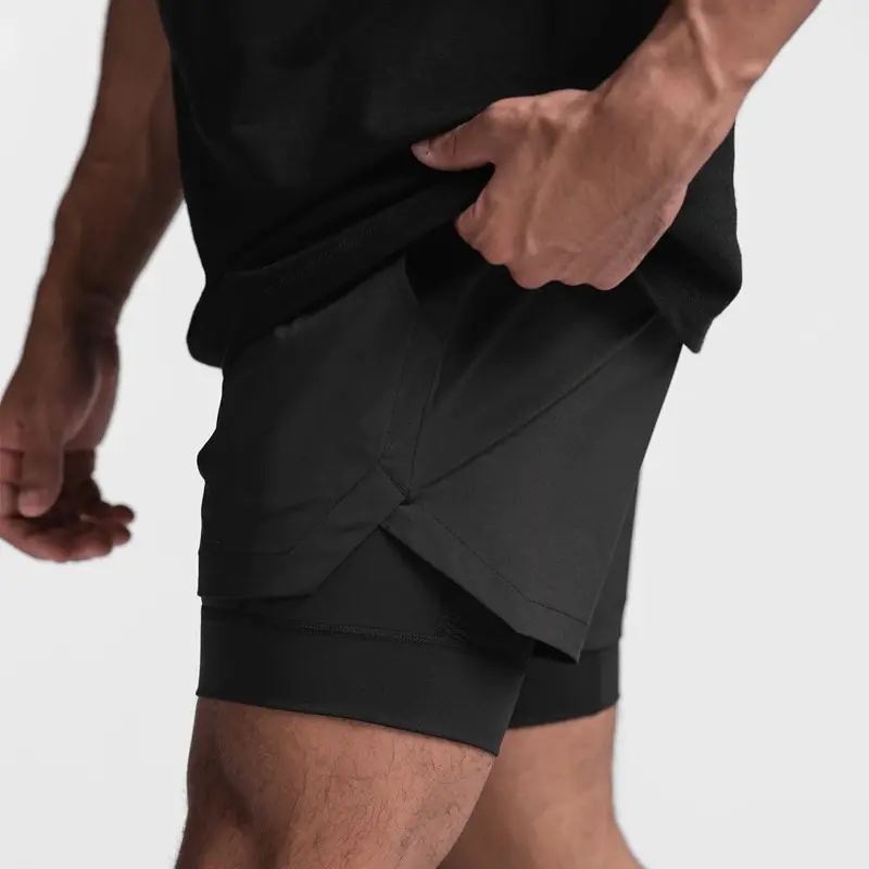 Black Running Gyms Shorts Men Mesh Breathable Quick Dry Bodybuilding 2 In 1 Double-deck Workout Sports Shorts Male