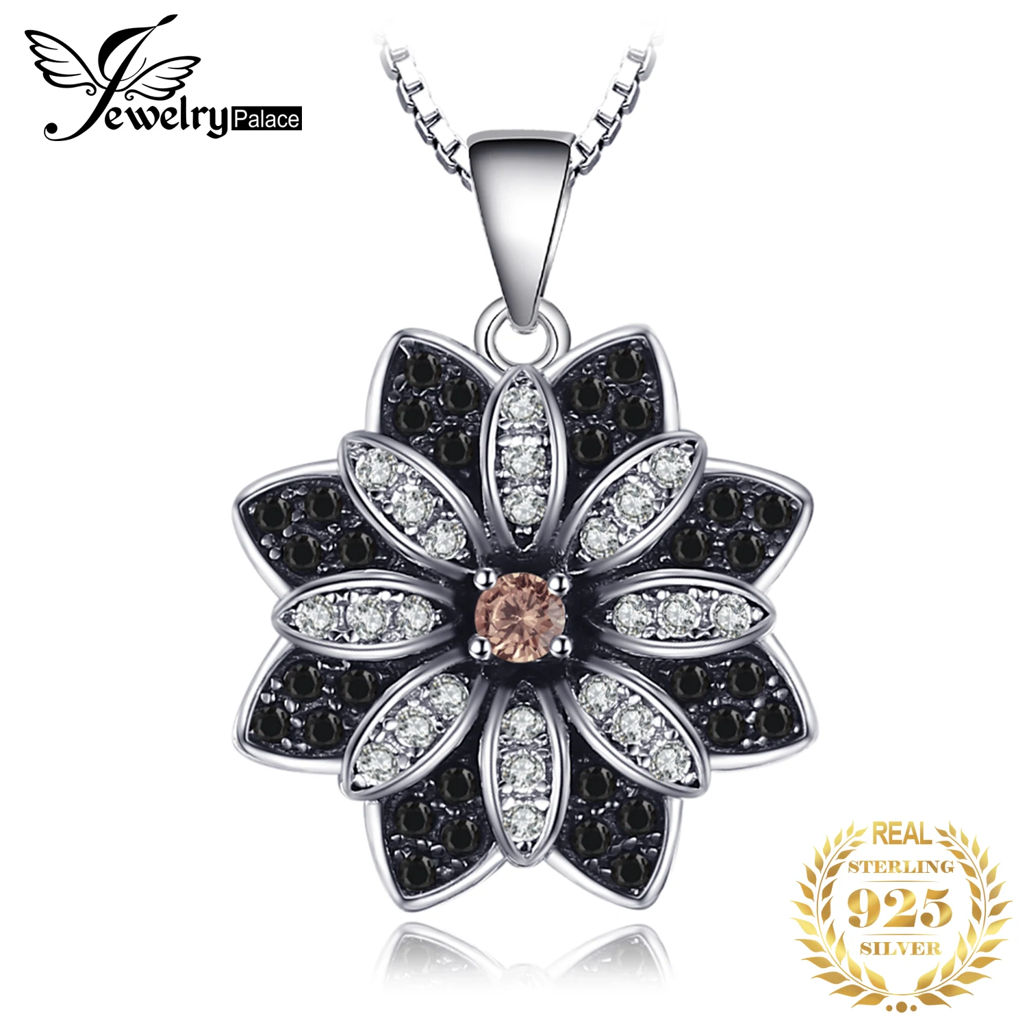 

JewelryPalace Flower Natural Smoky Quartz Black Spinel 925 Sterling Silver Necklace Pendant for Women Fine Jewelry Without Chain