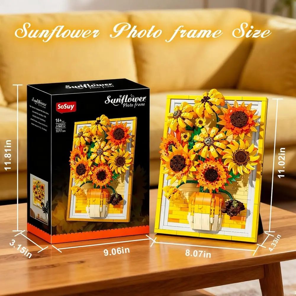 مكعبات بناء عباد الشمس ثنائية الأغراض من سوسوي، 1011+ قطعة، إطار فني جداري، ديكور منزلي مزين بالزهور، ألعاب جذعية للنساء والمراهقين، وG