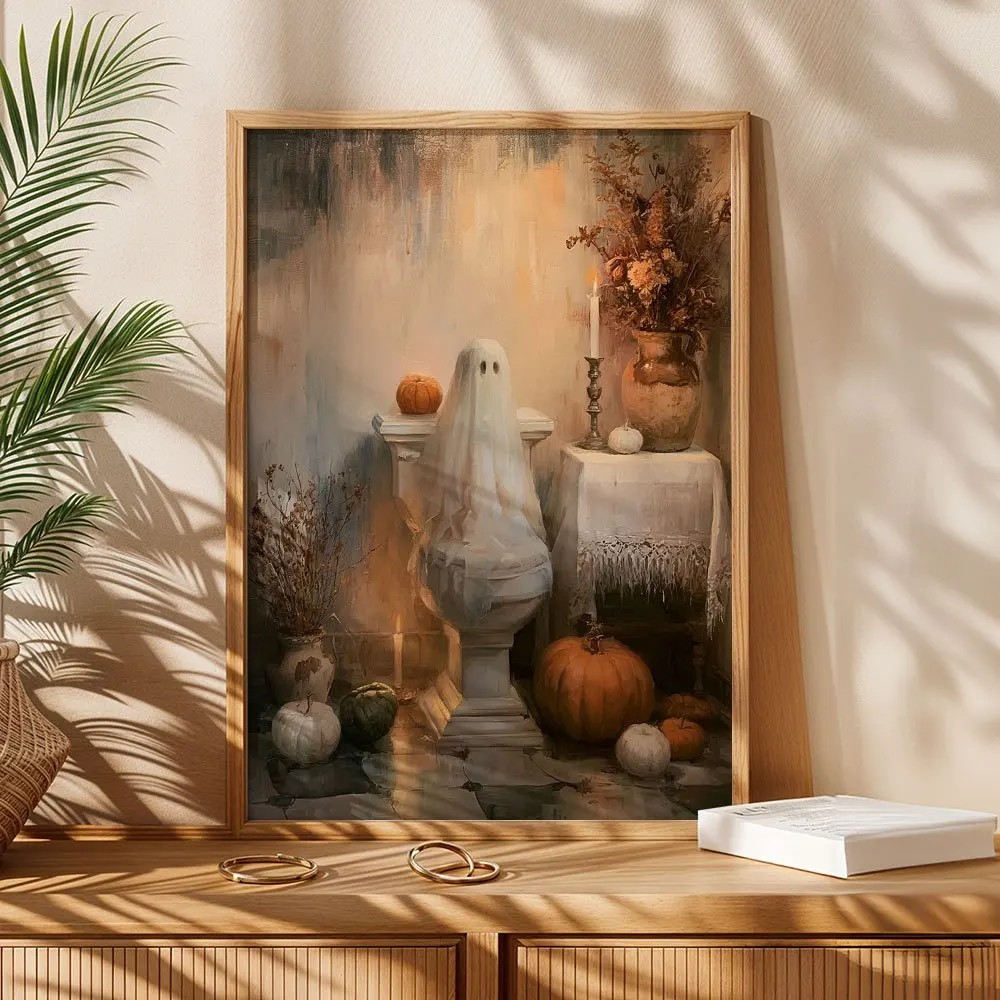 Vintage Ghost On Toilet Canvas Print, Funny Pumpkin Gothic Oil Painting Poster, Dark Academia Halloween Bathroom Unframed Canvas