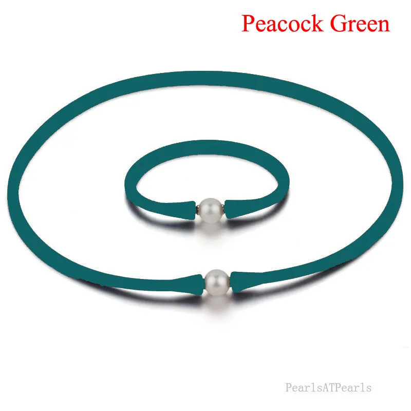 16 inches 10-11mm Natural Pearl Peacock Green Rubber Silicone Necklace & 7 inches Bracelet Jewelry Set