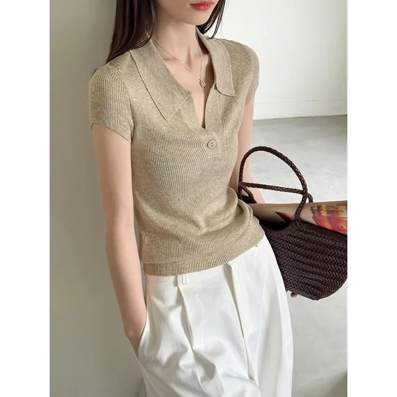 FANAN  Women Camel Gray Plain Color Knitting Slim Elegant T-shirt New V-Neck Short Sleeve Fashion Tide Spring Summer 2026
