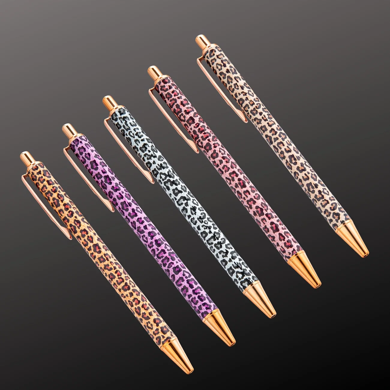 5pcs Trendy Leopard Pattern Pens - Press-on Mechanism with Vibrant Flower Film,Perfect for Journaling & Gift Giving,Cute Pens
