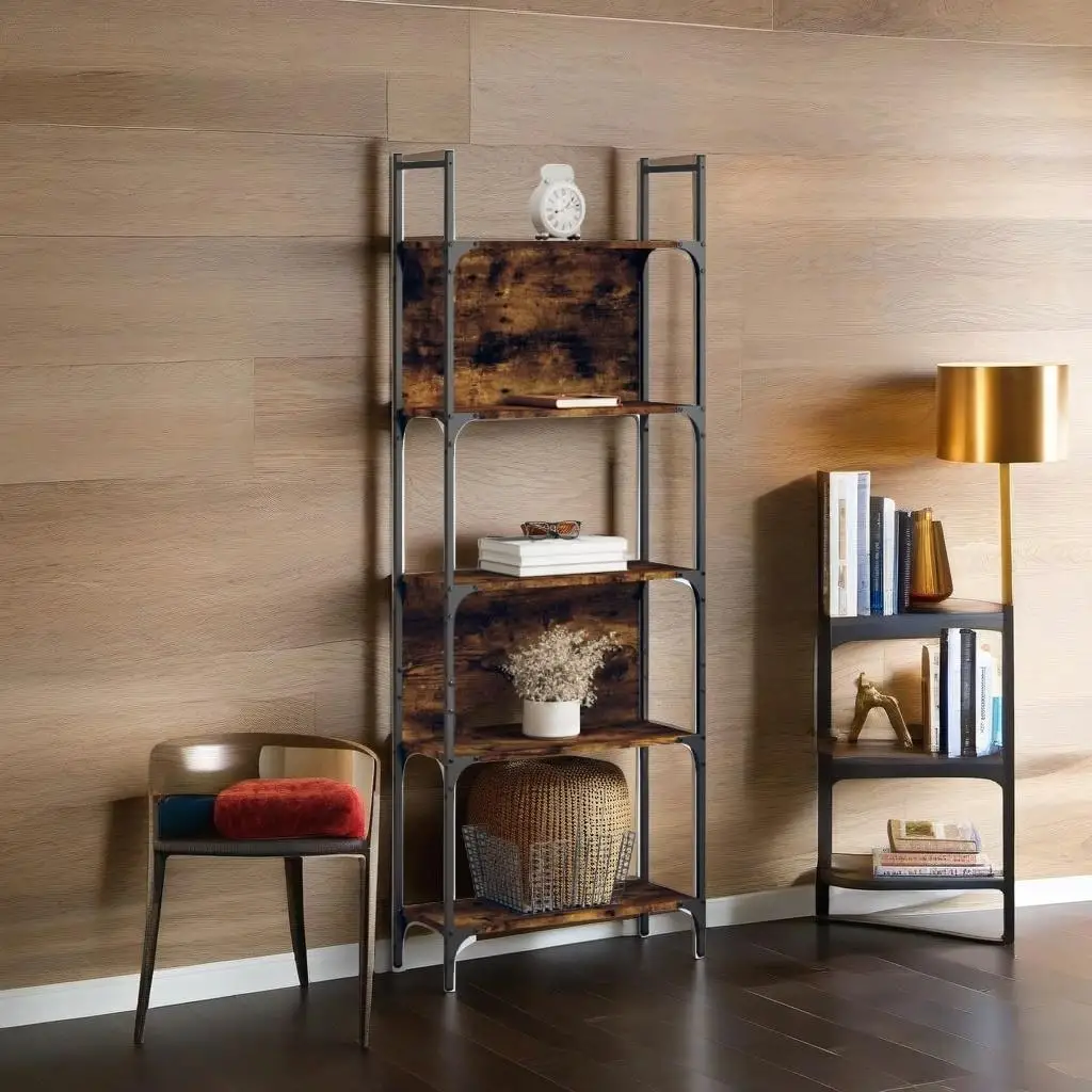 

5-Tier Smoked Oak Bookshelf - Stylish Engineered Wood Storage Unit 23.8x9.4x65.6 for Home & Office