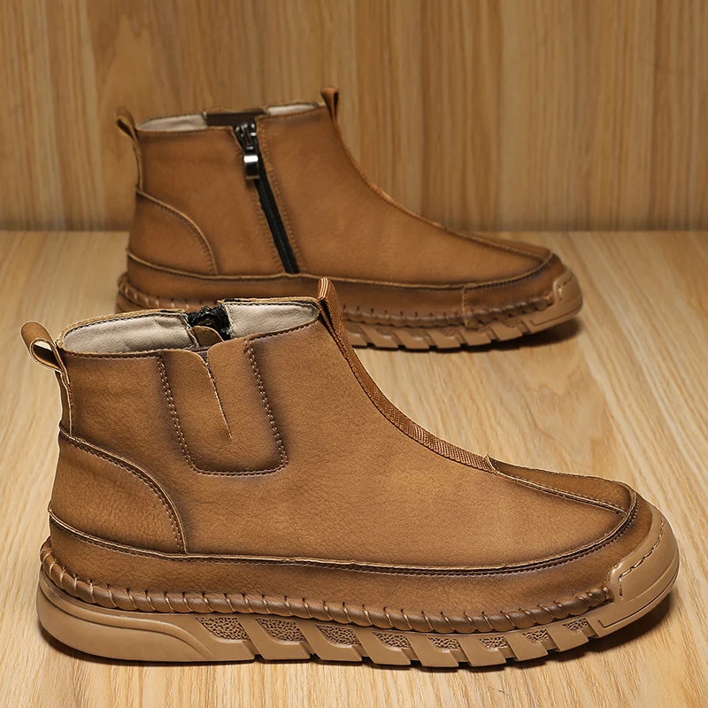 

New Autumn Winter Men Warm Cotton Shoes with Flat Heels Retro Anti Slip Anti Fouling Stitching High Top Casual Snow Boots