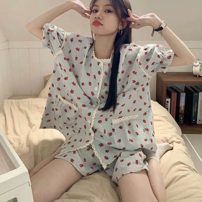 Strawberry Women Pajamas Sets for Home Summer Ruffles Sleepwear Shorts Sleeve Lace 2 Pieces Night Wears Korean Home Suit 2024