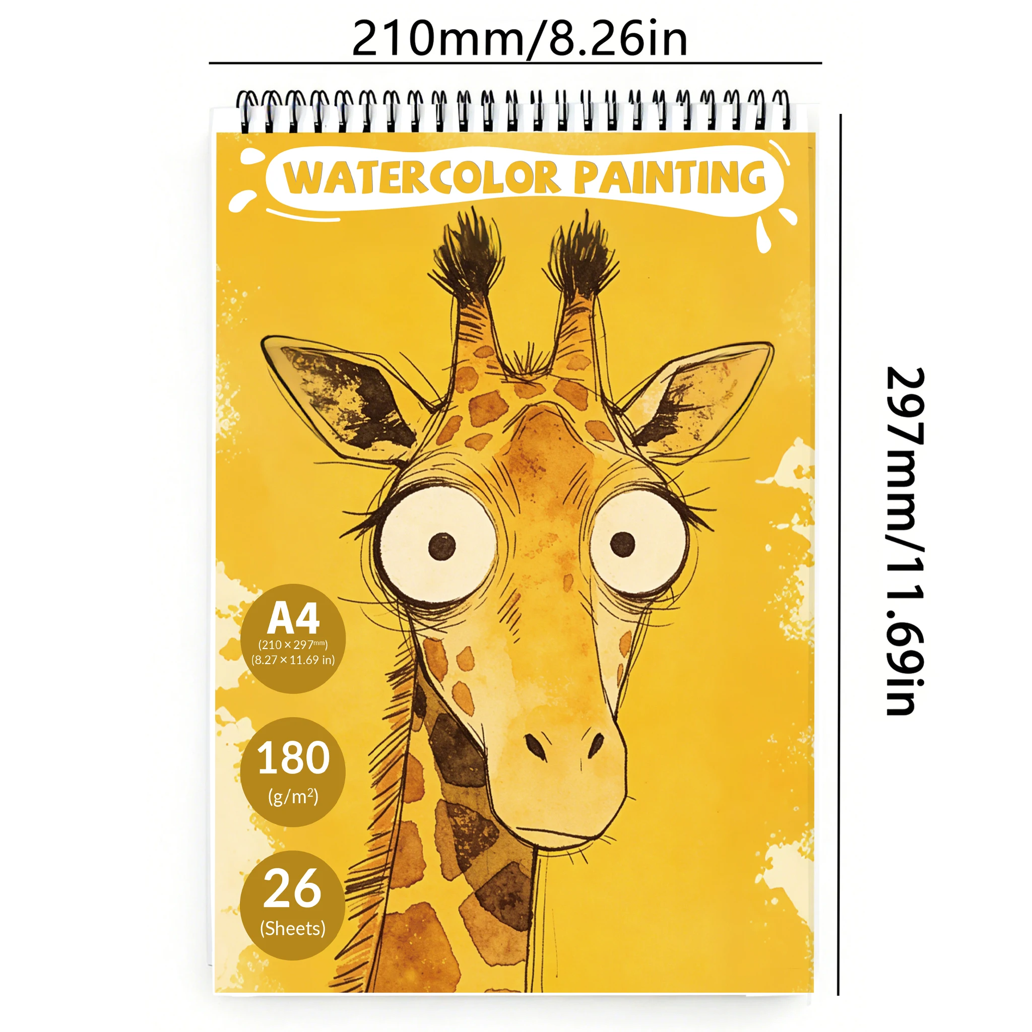 A4  Spiral Watercolor Pad 180gsm, Cartoon Giraffe Big Eyes Cover, 26 Sheets Acid-Free Art Sketchbook for Back to School & Gi