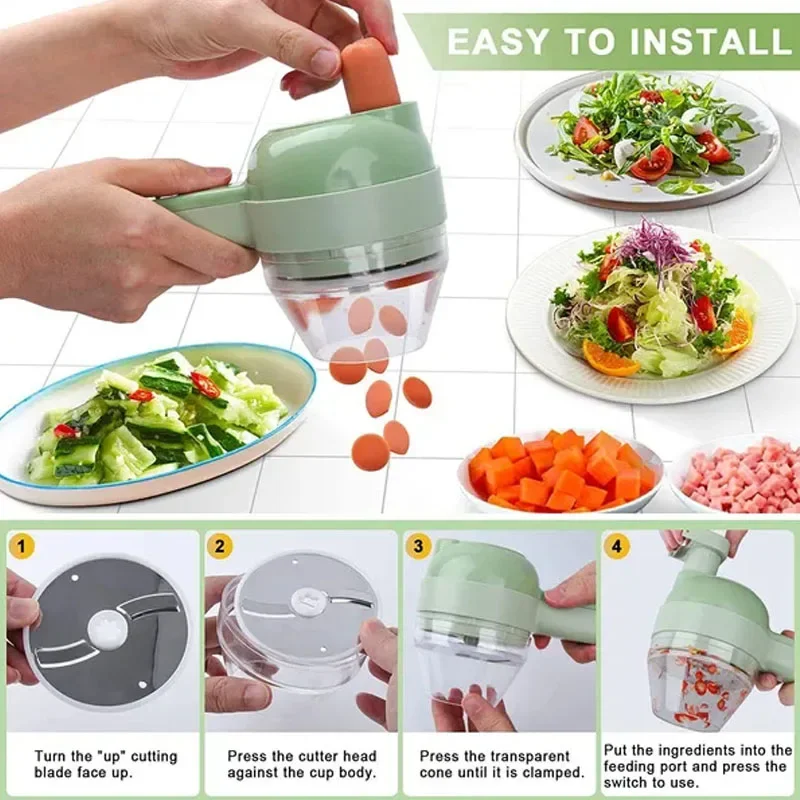 4 in 1 Electric Food Chopper Vegetable Cutter Slicer Garlic Carrot Potato Chopper Rechargeable Mixer Food Slice Kitchen Gadgets