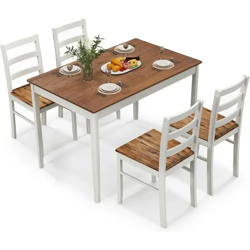 Mesa de jantar para 4 mesa retangular de madeira maciça e 4 cadeiras, quinta dinette com pernas de madeira de borracha, 5 pcs