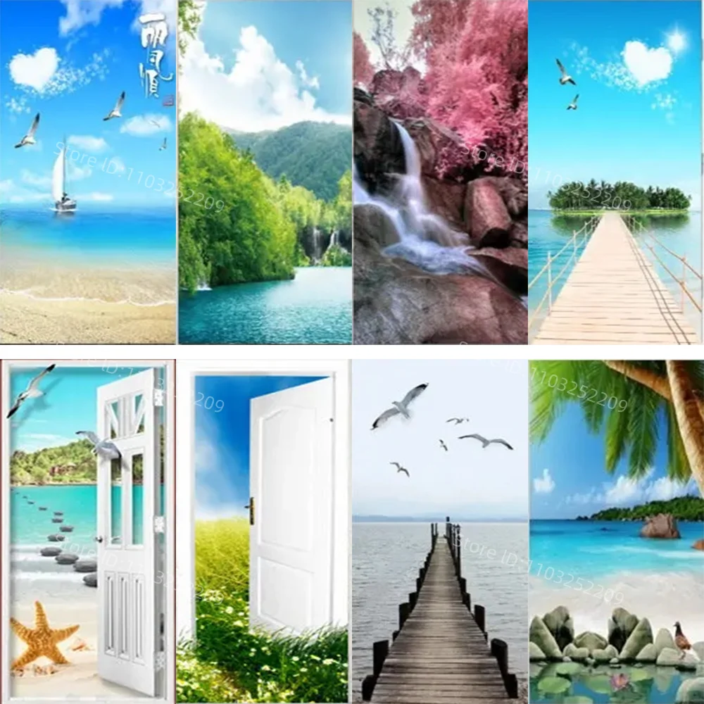 

3D Sea View Beach Door Stickers Home Decoration PVC Wallpaper Bedroom Living Room Door Renovation Waterproof Self- adhesive