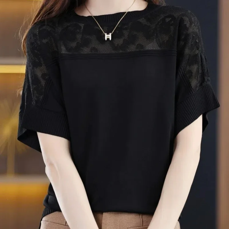 Sweet Simplicity Summer Women's O-Neck Solid Hollow Out Temperament Casual Versatile Loose Short Sleeve Knitting T-Shirts Tops