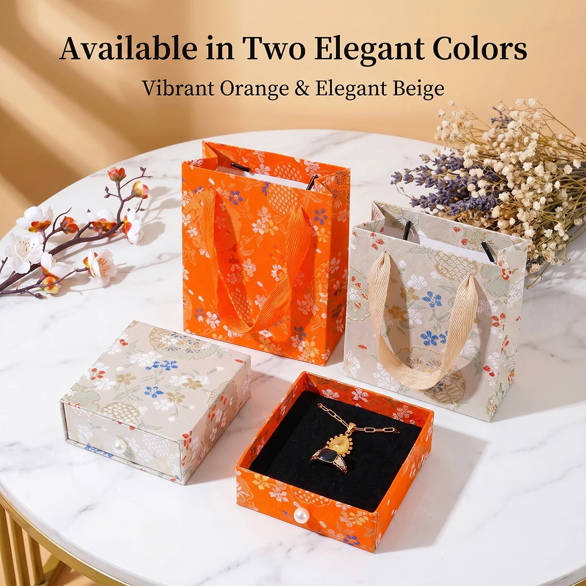 Traditional Brocade Jewelry Box with Gift Bag, Drawer Style Velvet Lined Jewelry Storage for Rings, Wedding Favor Gift Box