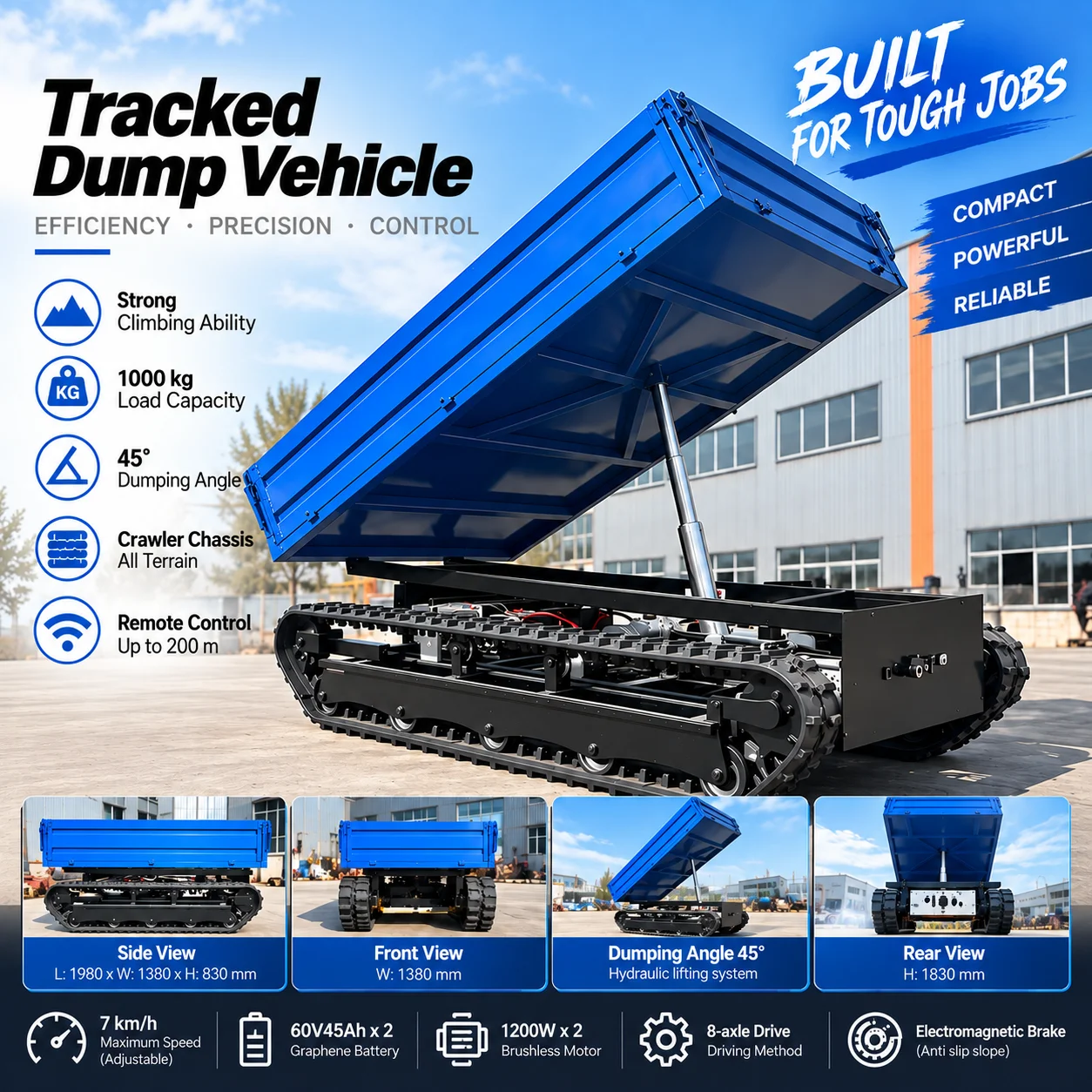GGMA 1000kg Industrial Remote Control Tracked Transporter Electric Mini Dumper Motorized Power Barrow for Muddy Ground & Slope