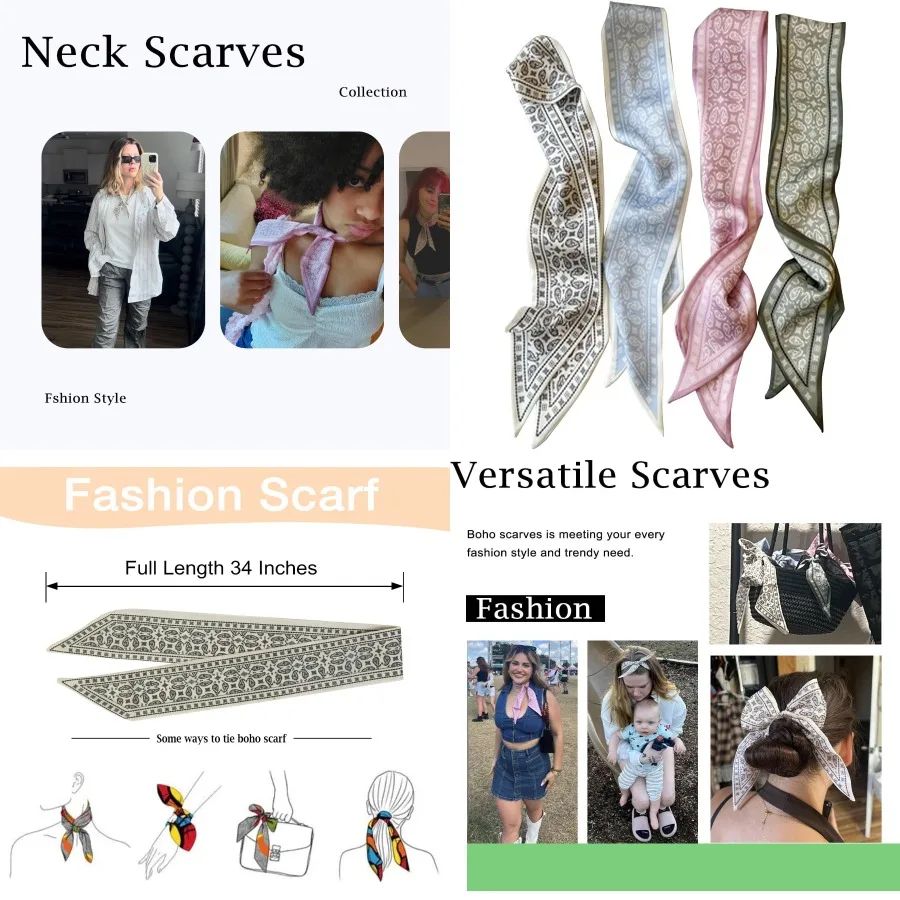 4 قطعة الأوشحة الموضة للنساء متعددة الوظائف بوهو الأوشحة Headbands وشاح من الساتان لحقيبة إكسسوارات الشعر مثالية للصيف O