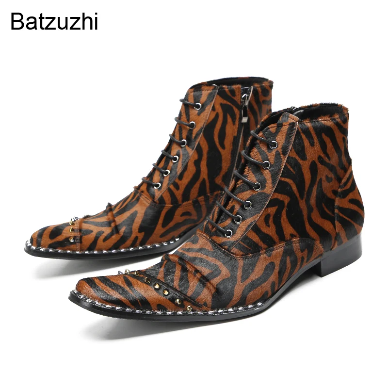 

Batzuzhi Brown Genuine Leather Ankle Boots Men Luxury Handmade Men's Boots Shoes Lace-up Rivets Flats Boots, Big Size 37-46