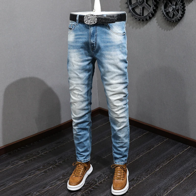 

Newly Fashion Designer Men Jeans Retro Light Blue Stretch Slim Ripped Jeans Men High Quality Vintage Casual Denim Pants Hombre