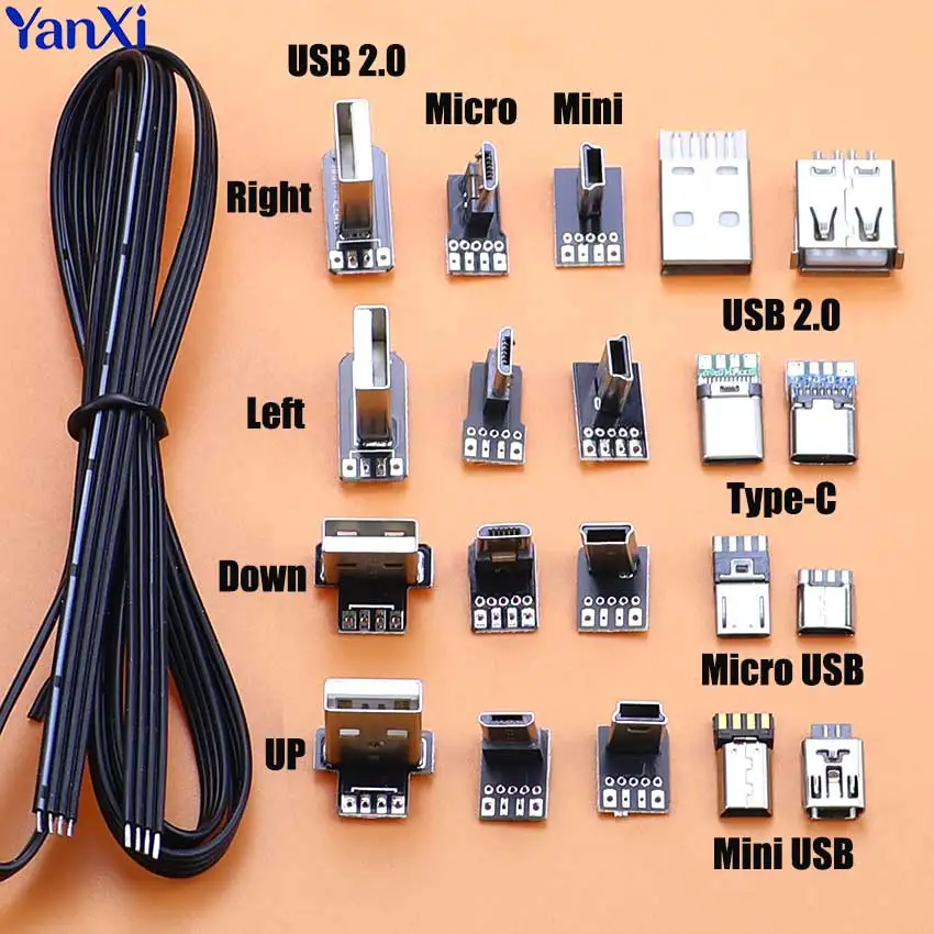Connecteur mâle et femelle USB A 2.0 Type-C Micro Mini, coudé à 90 degrés, adaptateur d'alimentation et de données, kit DIY avec câble souple FPC