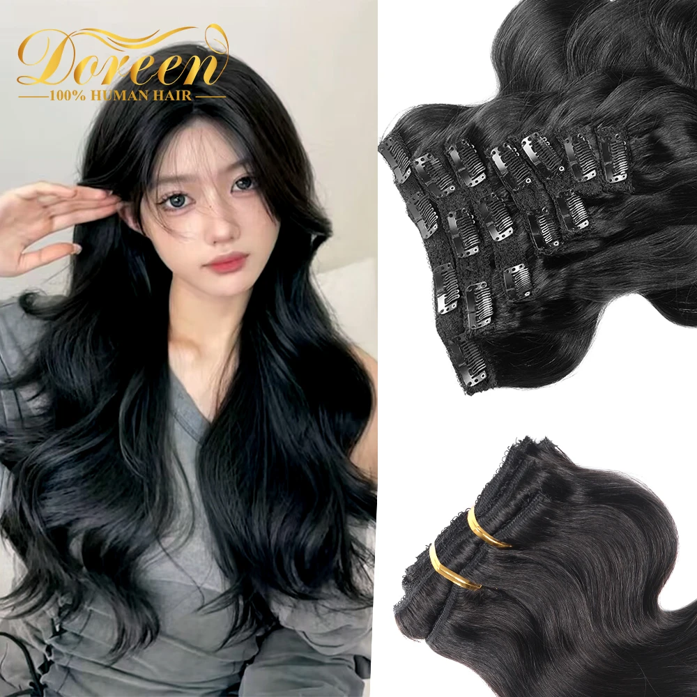 Doreen 아시아 헤어 익스텐션 풀 헤드 세트, 천연 블랙 클립 인 헤어 익스텐션, 110g ~ 200g, 7 개, 10 개