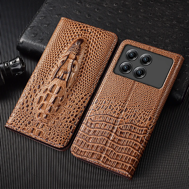 

For Xiaomi Poco M7 M6 M5 M5S M4 M3 Pro 4G 5G Case Crocodile Head Genuine Leather Flip Phone Cases Cover