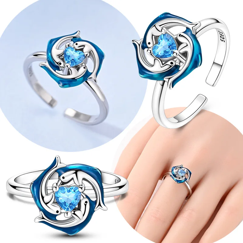925 Sterling Silver Adjustable Size Rings Blue Zircon Rotateable Surround Dolphin Open Rings For Women Jewelry Gift