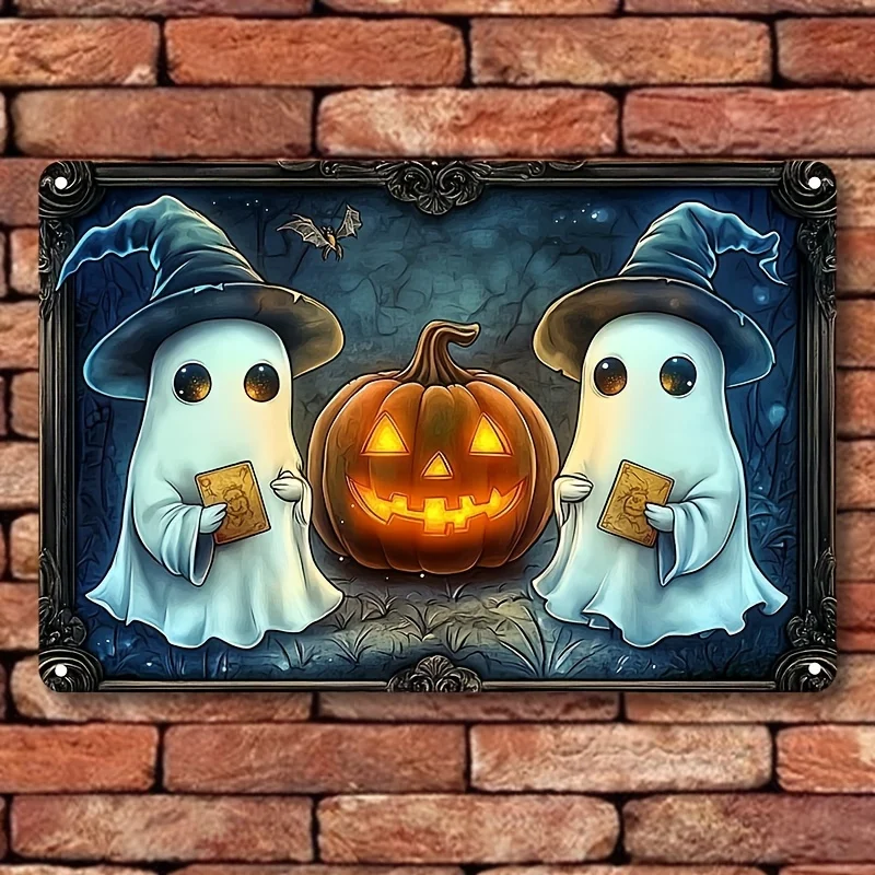 

Square Aluminum Sign, 2D Halloween Ghosts and Pumpkin Decor, Vintage Wall Art, Multipurpose Home Decor, Festive Party Banner