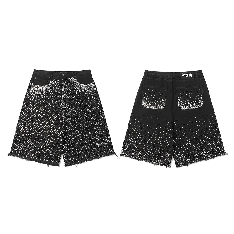 Summer New Heavy Industry Hot Drilled Broken Hole Hairy Edge Denim Shorts Men and Women High Street Loose Five Cent Shorts