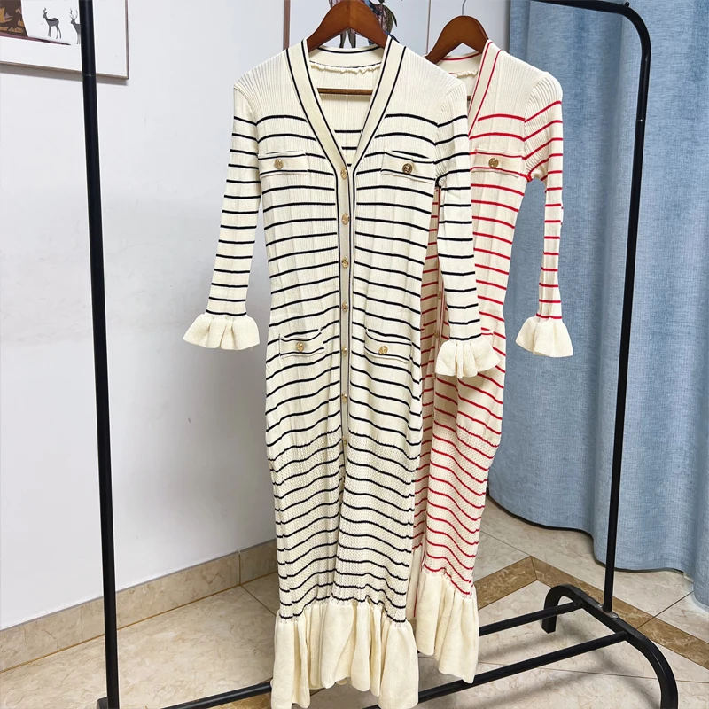 YuooMuoo Chic Fashion Knitted Maxi Dress 2024 New Elegant V-neck Stripes Single-breasted Ruffled Sweater Dress Party Robe Femme