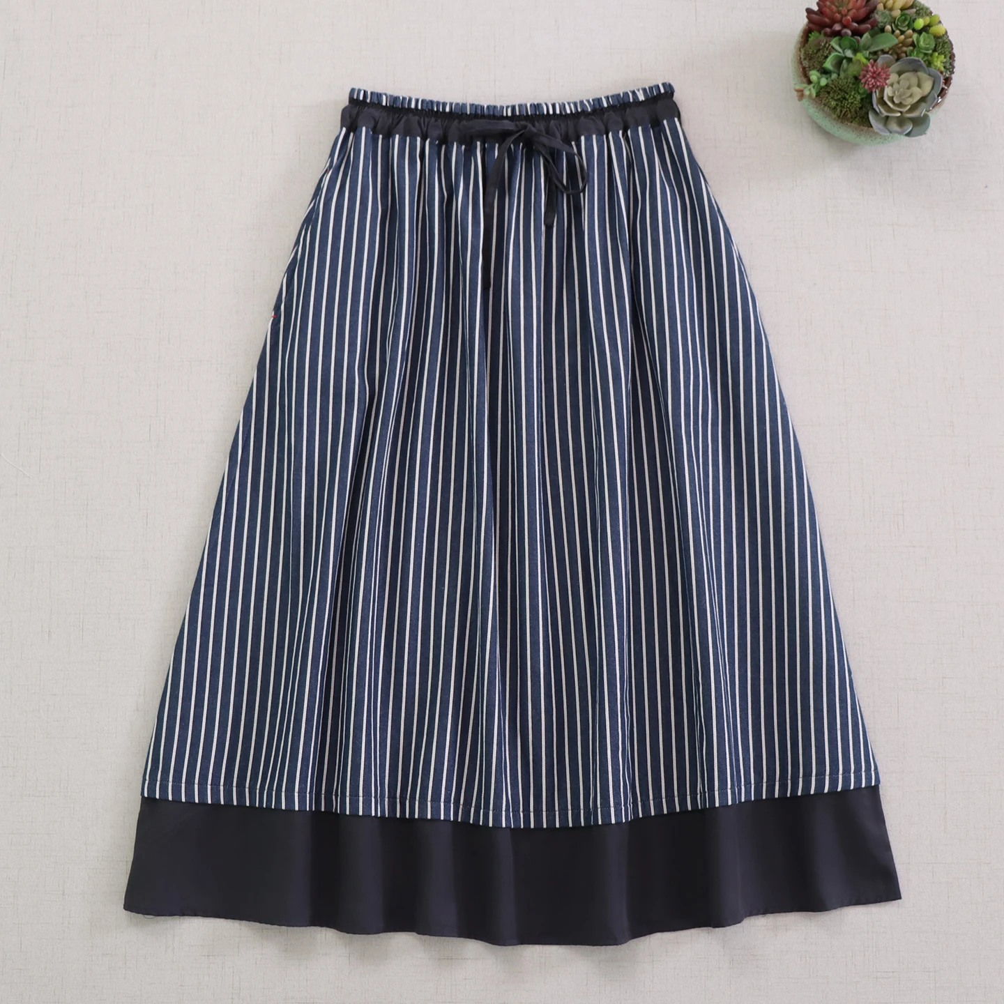 Japanse Mori Meisje Vintage Gestreepte Katoenen Rokken Vrouwen Herfst Nieuwe Lace Up Elastische Taille Elegant Casual Losse A-lijn Midi Rokken