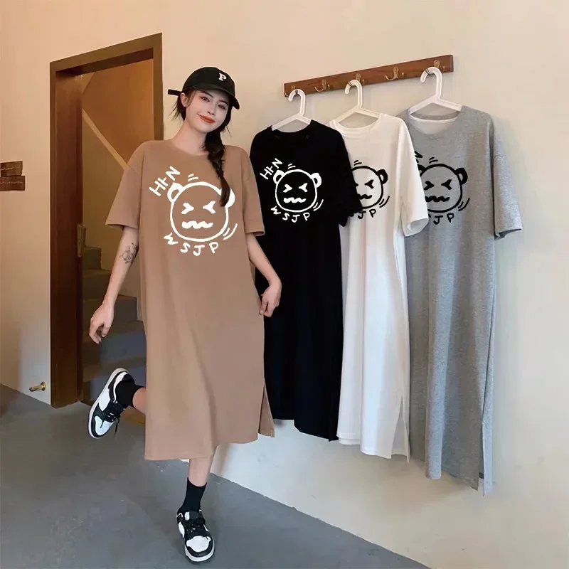 bonito-dos-desenhos-animados-simples-impresso-vestido-de-manga-curta-feminino-elegante-vestido-de-maternidade