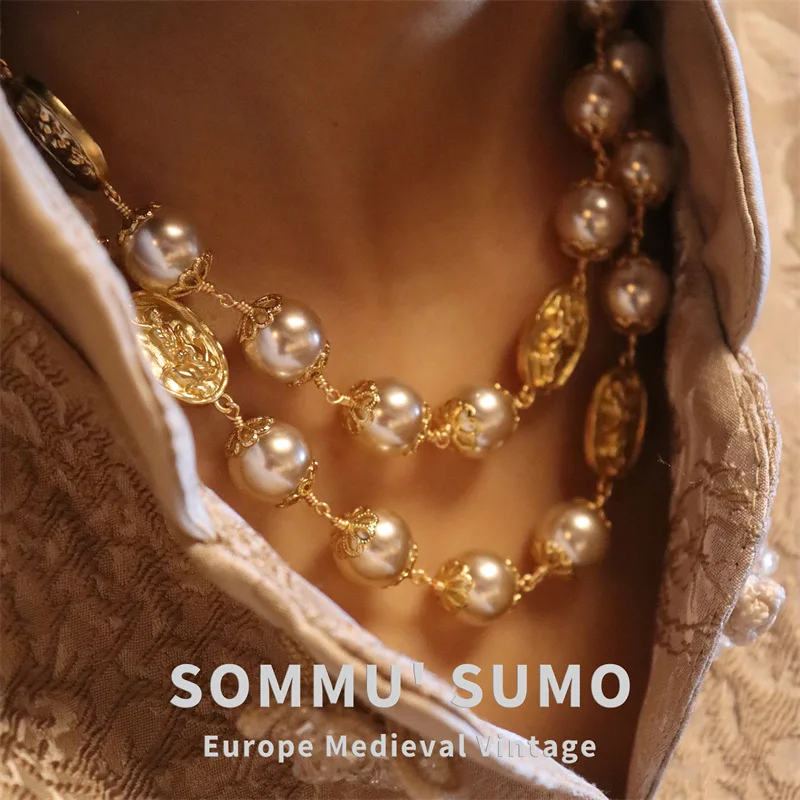 Long Large Pearl Relief Brand Necklace Multi-layer Light Luxury Niche Cheongsam Sweater Chain Stacked Neck Chain