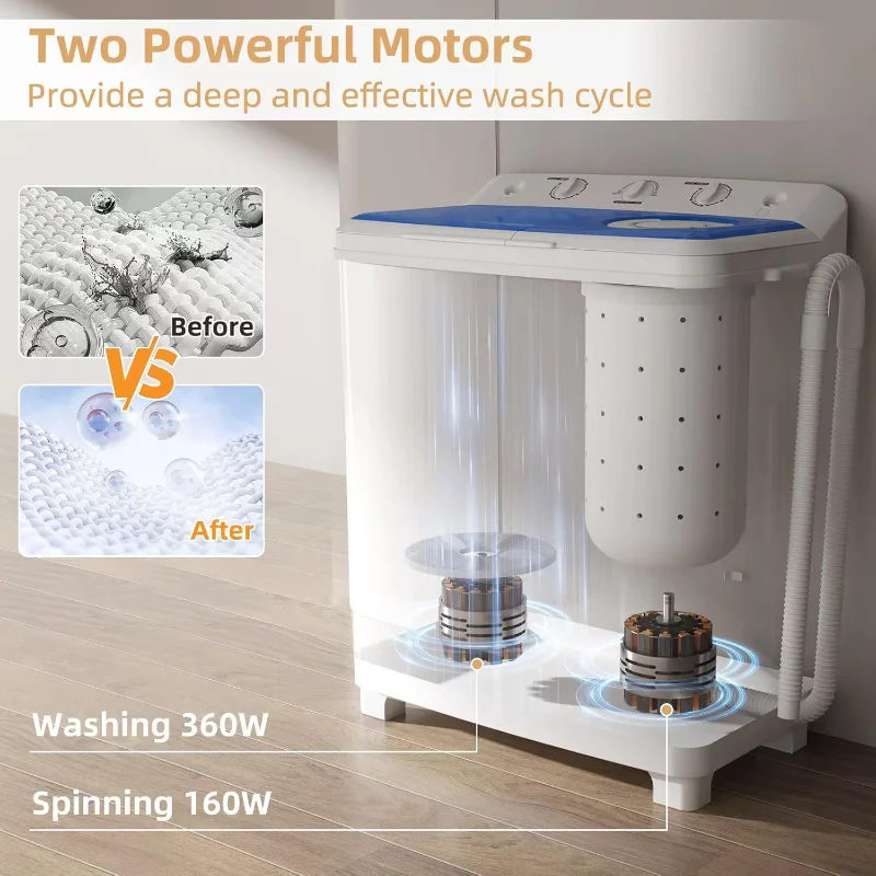 غسالة Zynkez المحمولة، غسالة غسيل بحوض مزدوج مدمجة سعة 28 رطلاً مع مضخة تصريف مدمجة، غسالة شبه أوتوماتيكية بوزن 18 رطلاً