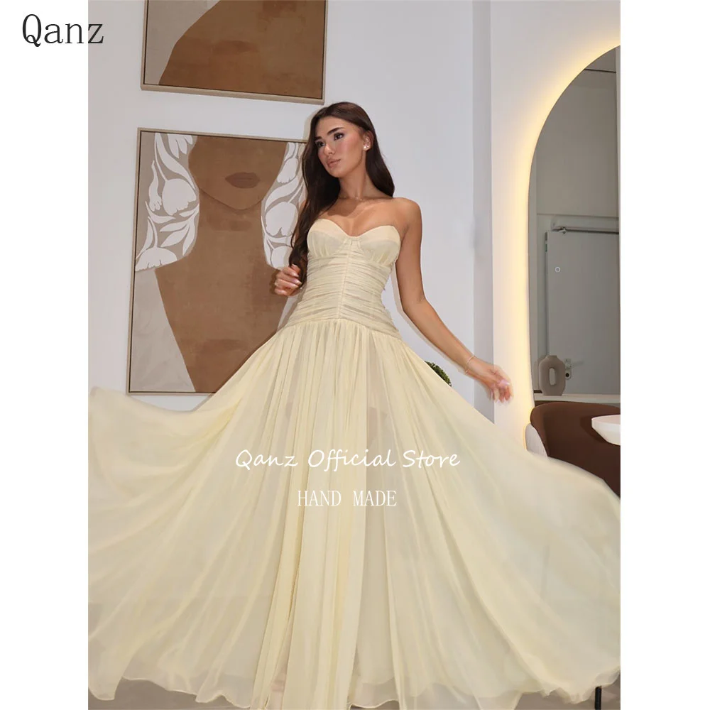 

Qanz Light Chiffon Evening Dresses Long A Line Wedding Guest Fress Women Sweetheart Elegant Women Vestidos De Gala Customized