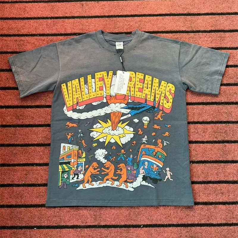 

Real Picture American Streetwear VALLEY T-Shirts Men Women Washed Grey Oversized Vale Short Sleeve