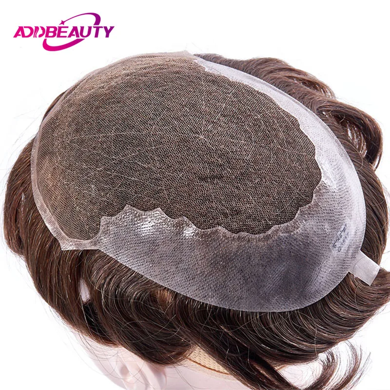 Swiss Lace&PU Base Men Toupee Breathable Replacement System Natural Human Hair Wigs Men\'s Capillary Prosthesis Bleached Knots