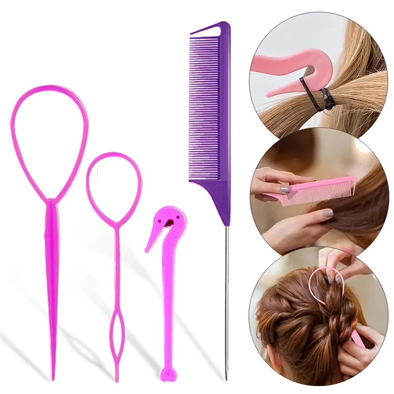 4pcs/set French Braiding Tool Loop Hair Styling Elastic Hair Bands Rat Tail Comb Women Girls Hairdressing Braiders Tool Loop