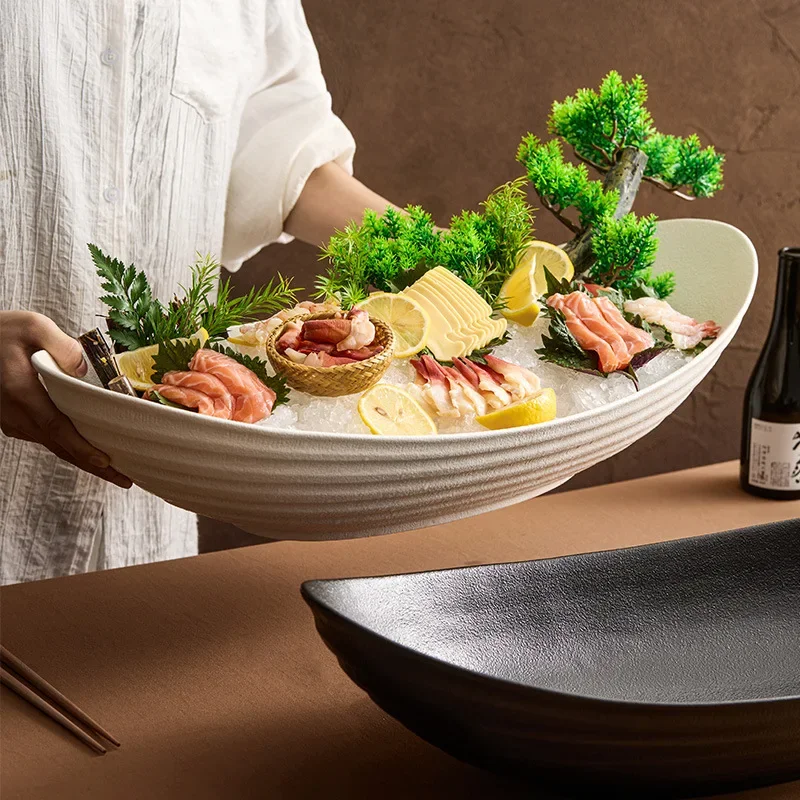 Matte Ceramic Tableware, Boat Shaped Dry Ice Plate, Salmon Sashimi Plate, Specialty Restaurant Seafood Display Plate, 25 Inches