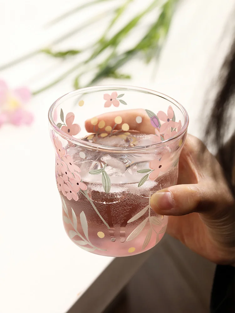 Spring Ins Popular Glass Cup 375ml 450ml Hyacinth Floral Printed Japan Style Round Cups Girls Home Office Juicy Milk Drinkware