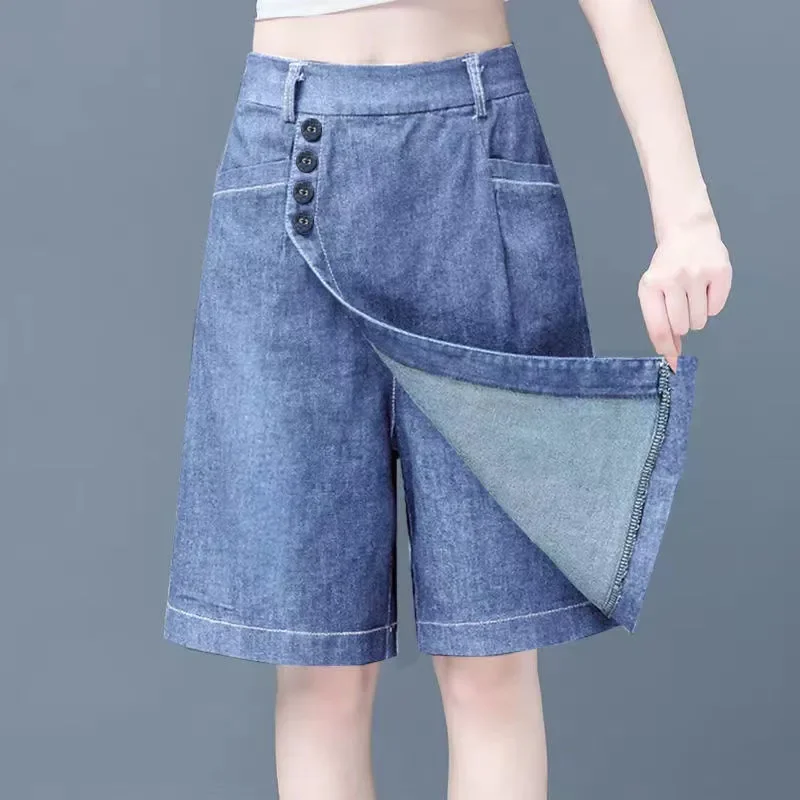 

Women's Denim Skort High Waist Asymmetric Button Front Wide Leg Shorts with Skirt Overlay