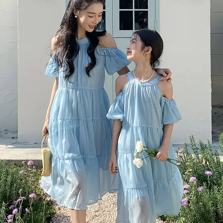 mother kids blue dress Short sleeve Family look family matching outfits mom daughter couple clothes 2026 dress 	family matching