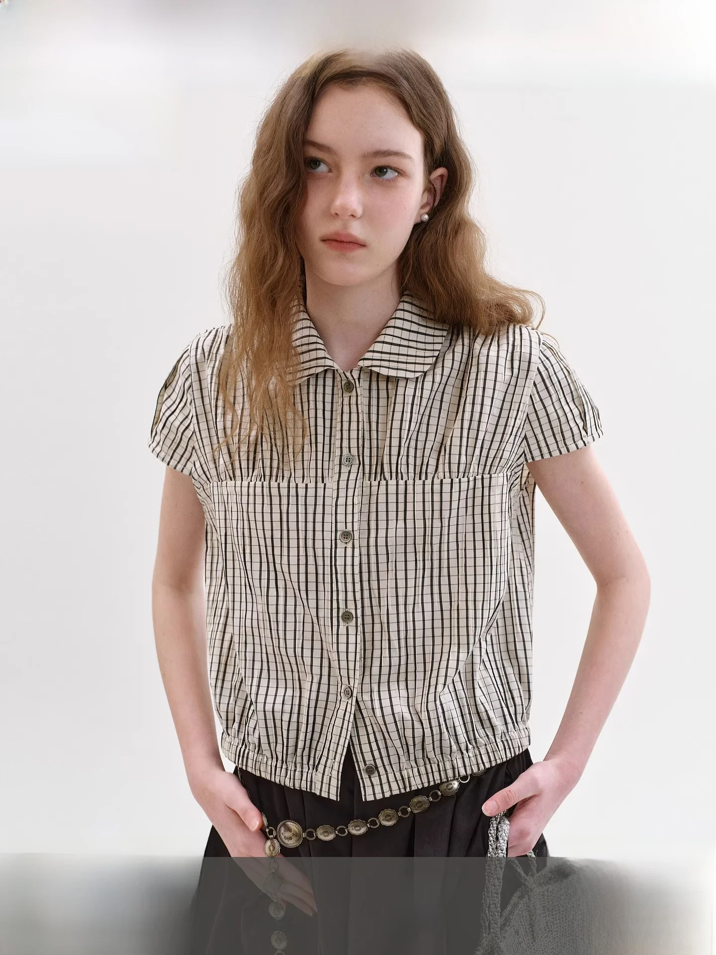 

Fano Anti-Aging Doll Collar Plaid Shirt Women's Summer New Drawstring Waist Short Top Cotton Polyester Spandex Blend Breathable